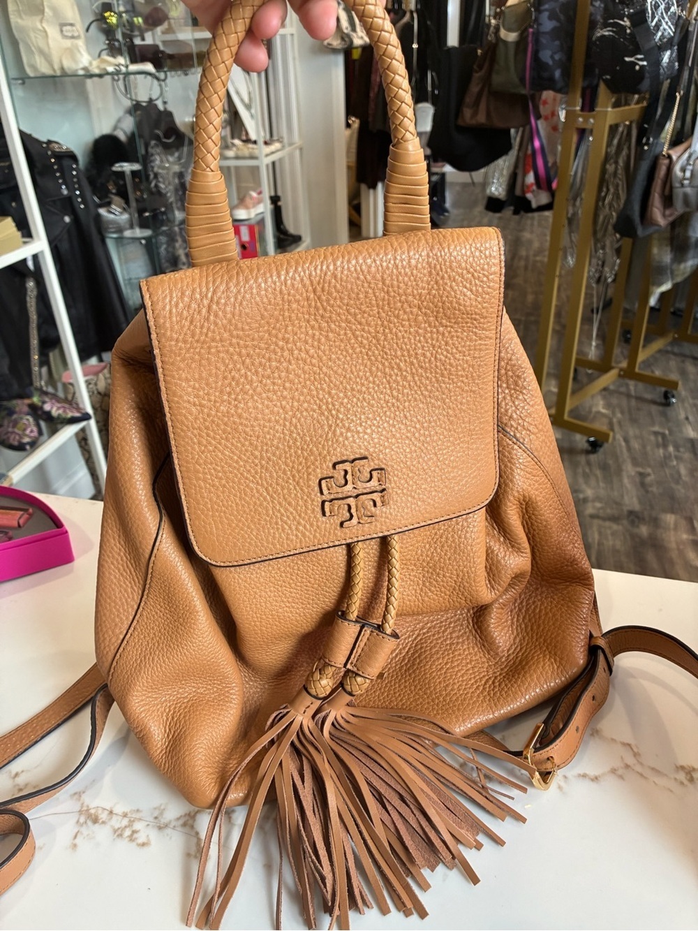 Tory Burch Tan Pebbled Leather Tassel Backpack